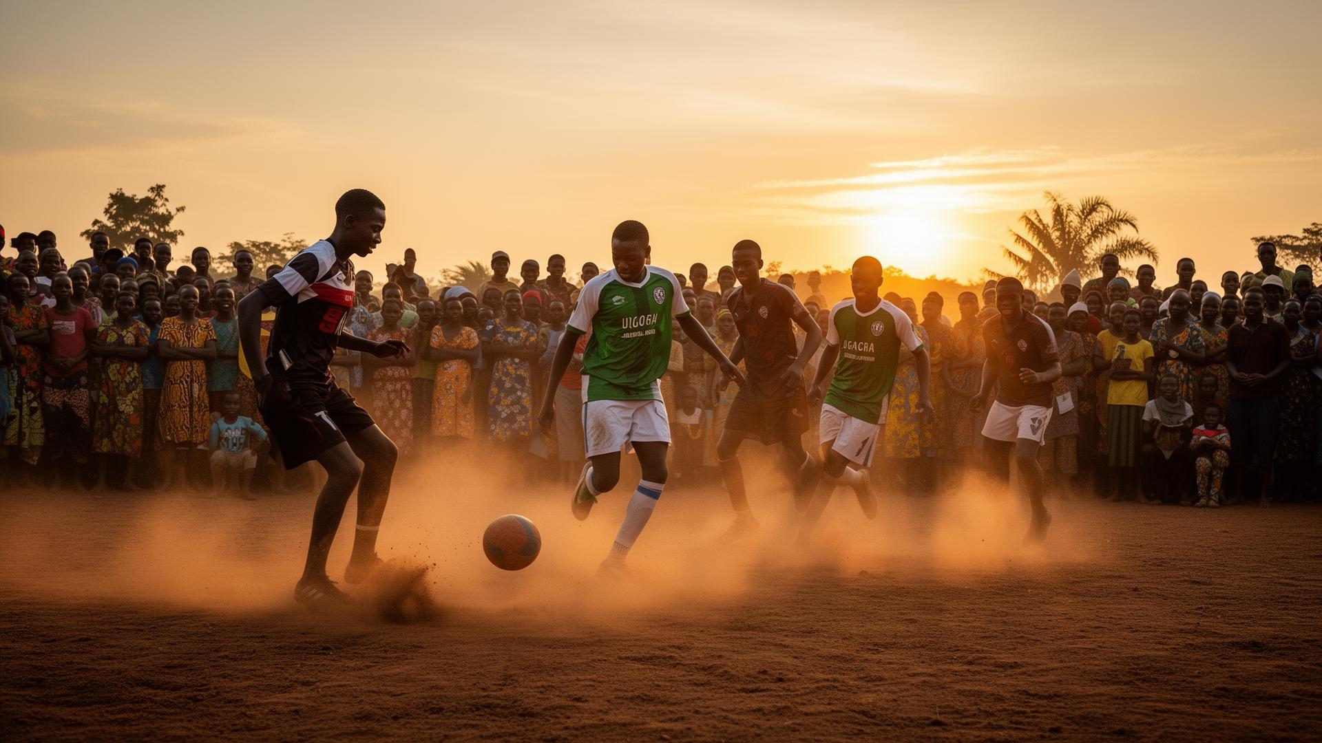 Village football tournament at sunset in Uganda